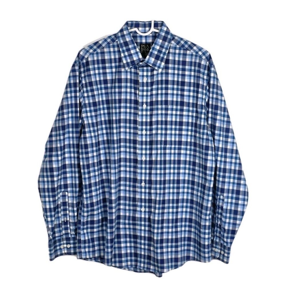 Jos A Bank Shirt Mens Large Blue Gingham Check Button Up Long Sleeve 100% Cotton